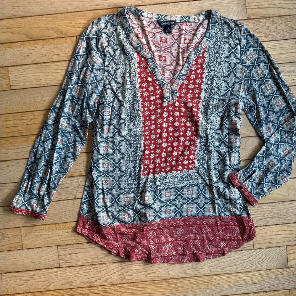 Lucky Brand Brick Red and Navy Blue Patterned Blouse